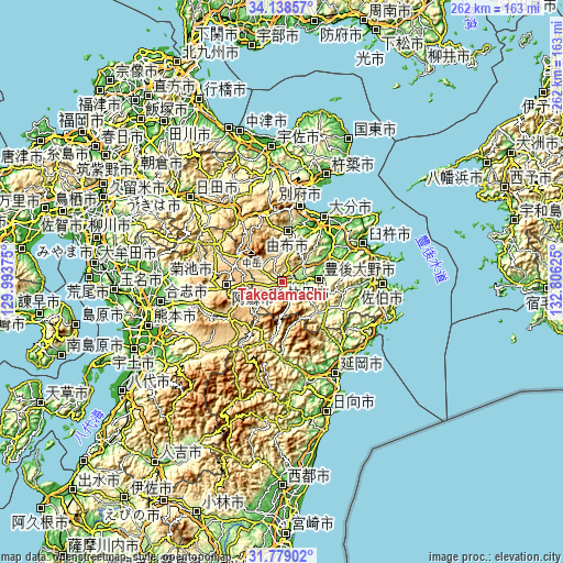 Topographic map of Takedamachi