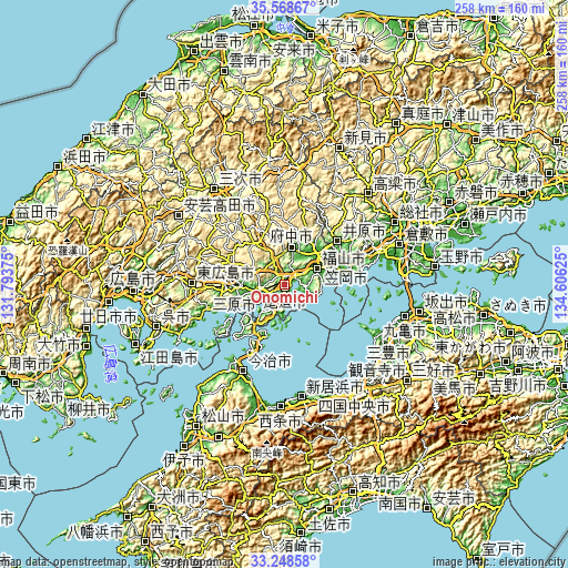 Topographic map of Onomichi