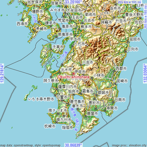 Topographic map of Ōkuchi-shinohara