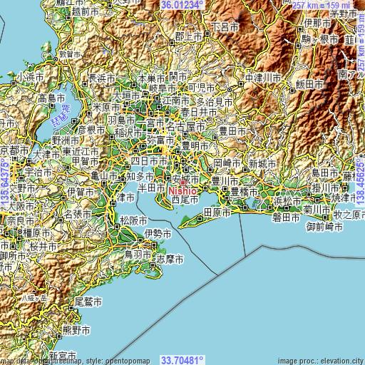 Topographic map of Nishio