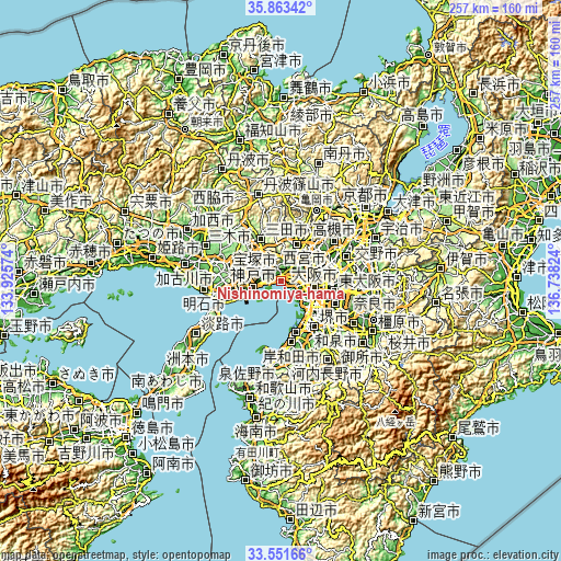 Topographic map of Nishinomiya-hama