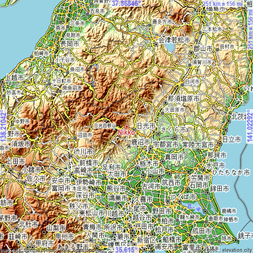 Topographic map of Nikkō