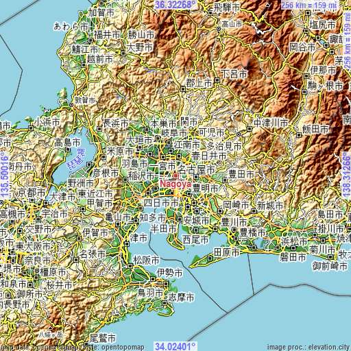 Topographic map of Nagoya