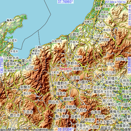 Topographic map of Nagano