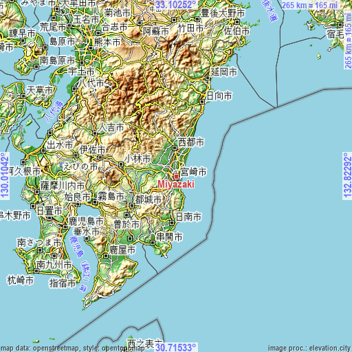 Topographic map of Miyazaki