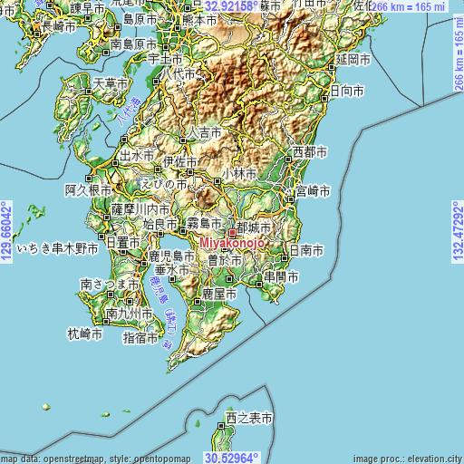 Topographic map of Miyakonojō