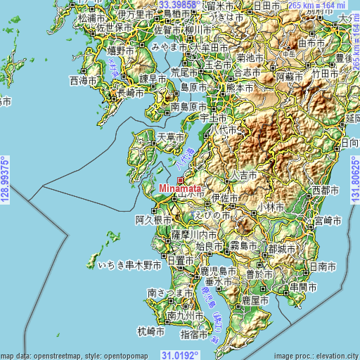 Topographic map of Minamata