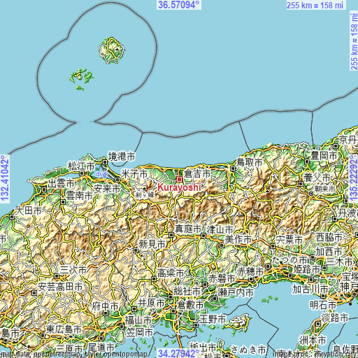 Topographic map of Kurayoshi