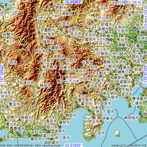 Topographic map of Kōfu