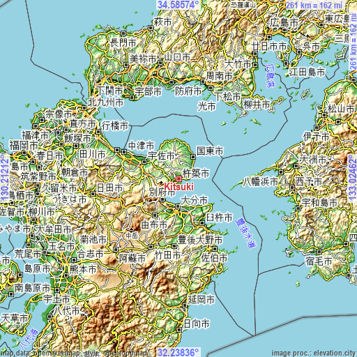 Topographic map of Kitsuki