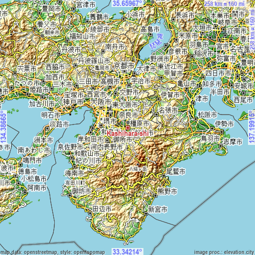 Topographic map of Kashihara-shi