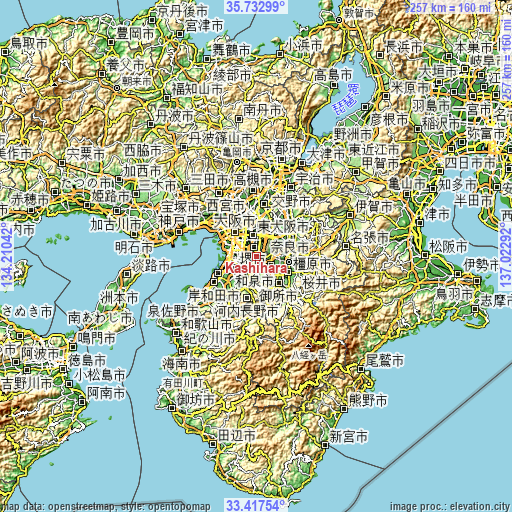 Topographic map of Kashihara