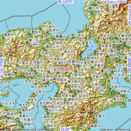 Topographic map of Kameoka