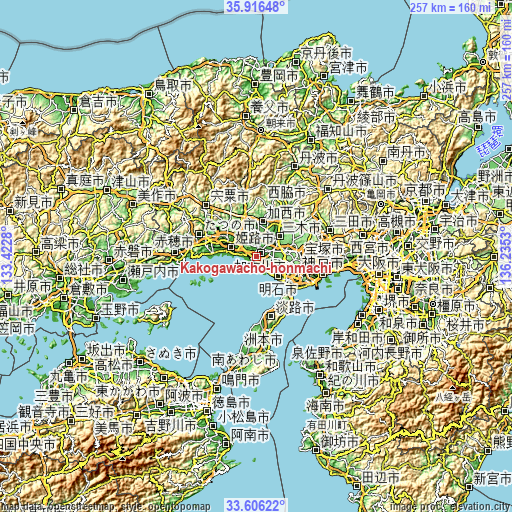 Topographic map of Kakogawachō-honmachi
