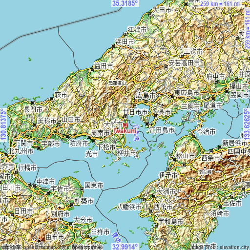 Topographic map of Iwakuni