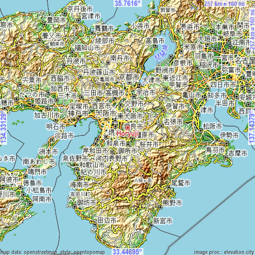 Topographic map of Hōryūji