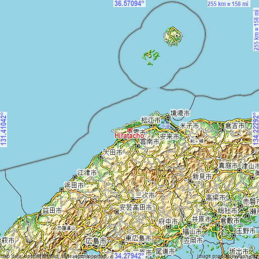 Topographic map of Hiratachō
