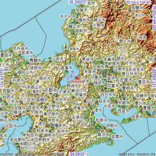 Topographic map of Hikone