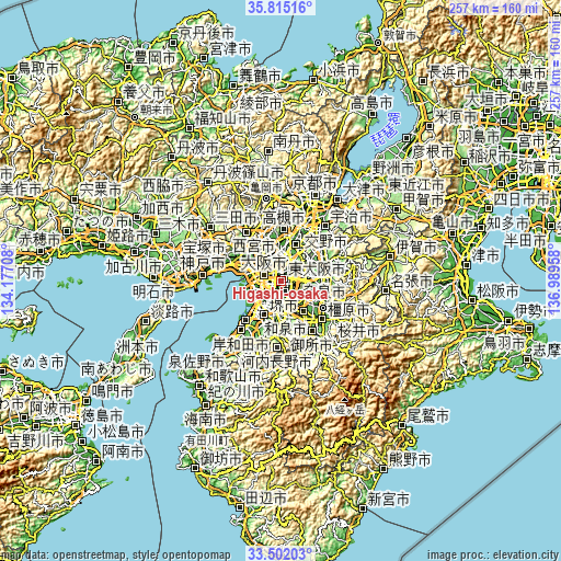 Topographic map of Higashi-ōsaka