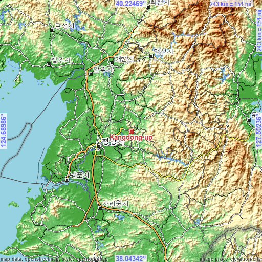 Topographic map of Kangdong-ŭp