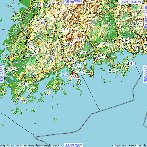 Topographic map of Yeosu