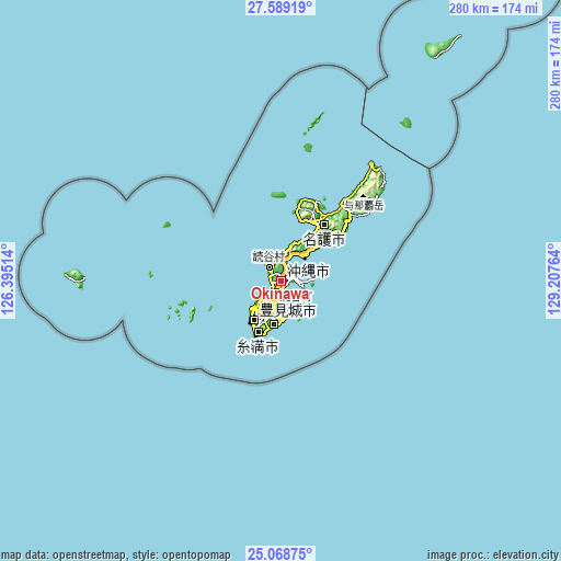 Topographic map of Okinawa