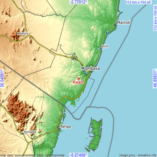 Topographic map of Kwale