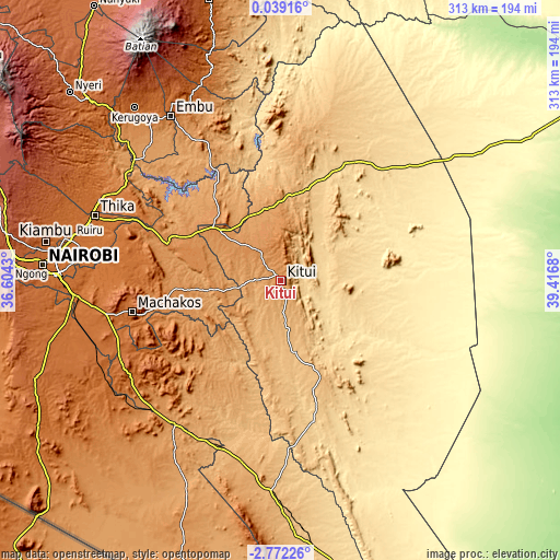 Topographic map of Kitui