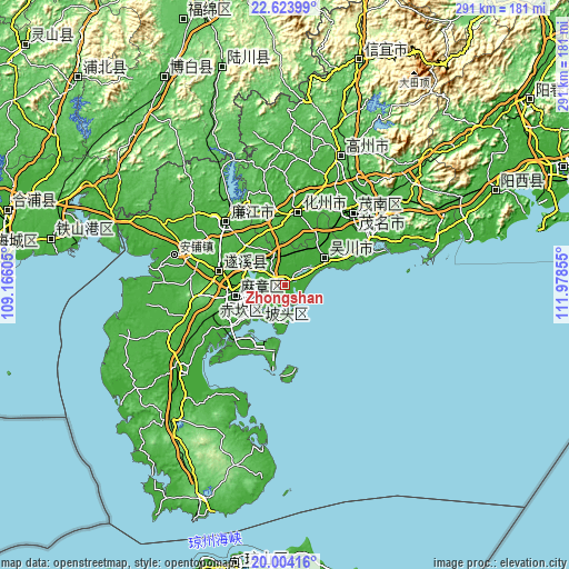 Topographic map of Zhongshan
