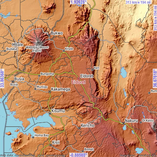 Topographic map of Eldoret