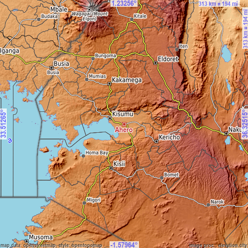 Topographic map of Ahero