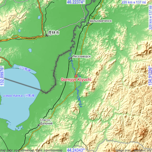 Topographic map of Gornyye Klyuchi