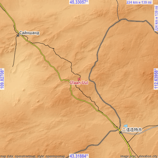 Topographic map of Ulaan-Uul