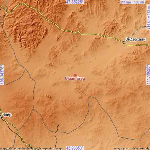 Topographic map of Ulaan-Ereg