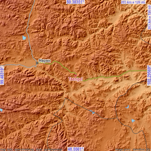 Topographic map of Tsengel