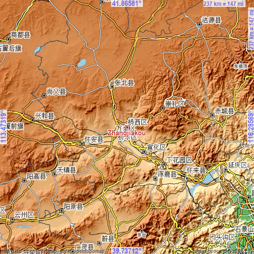 Topographic map of Zhangjiakou