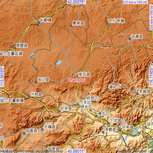 Topographic map of Zhangbei