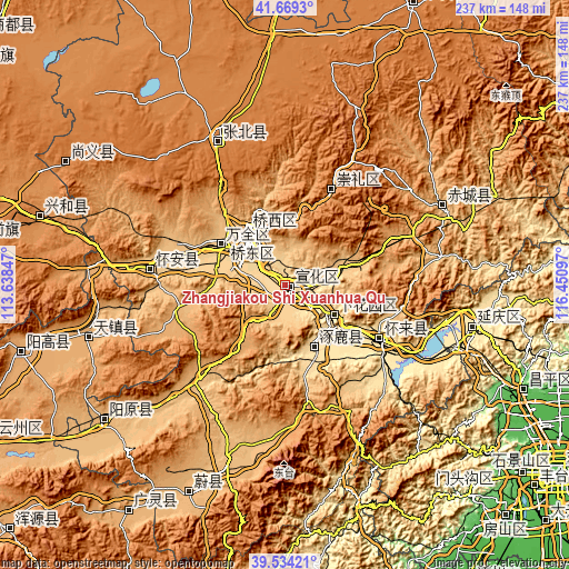 Topographic map of Zhangjiakou Shi Xuanhua Qu