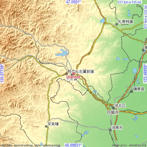 Topographic map of Ulanhot