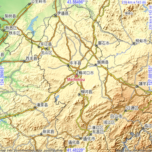 Topographic map of Meihekou