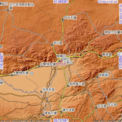 Topographic map of Hohhot