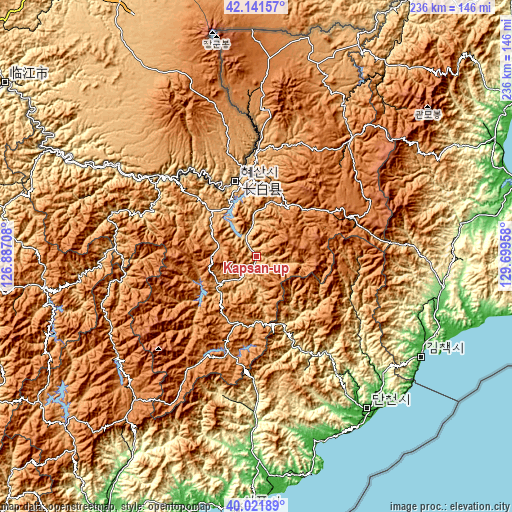 Topographic map of Kapsan-ŭp