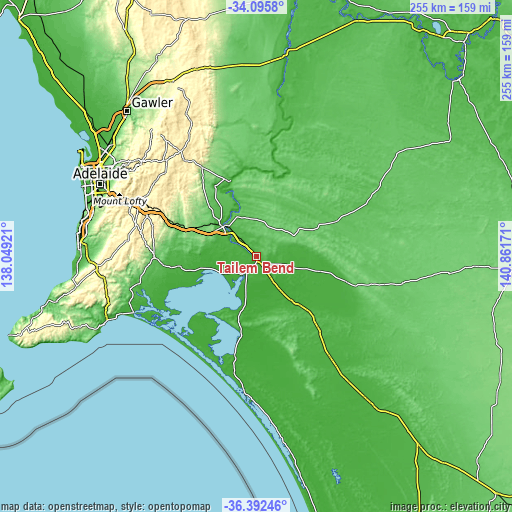 Topographic map of Tailem Bend