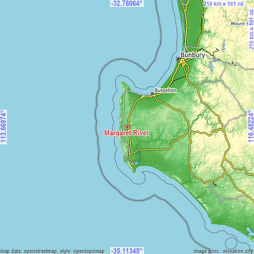 Topographic map of Margaret River