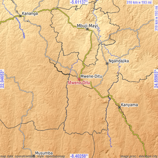 Topographic map of Mwene-Ditu