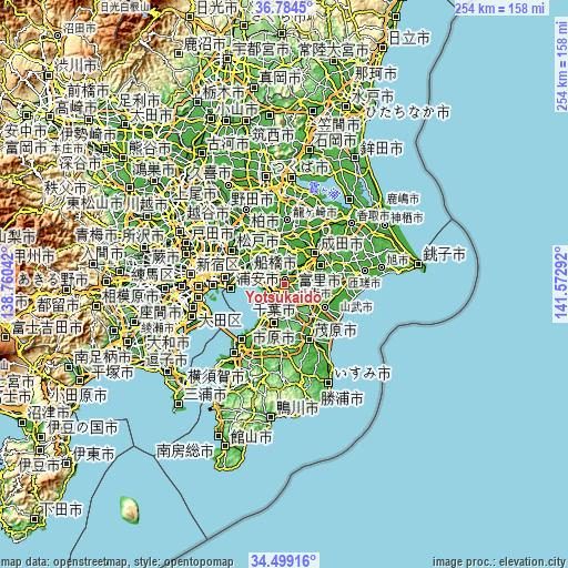 Topographic map of Yotsukaidō