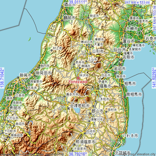 Topographic map of Yonezawa