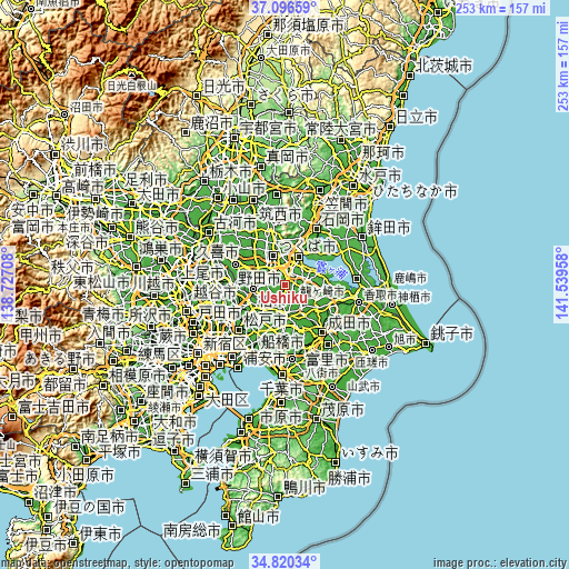 Topographic map of Ushiku