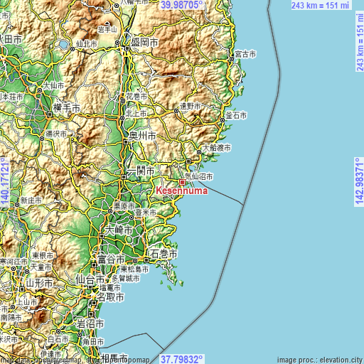 Topographic map of Kesennuma