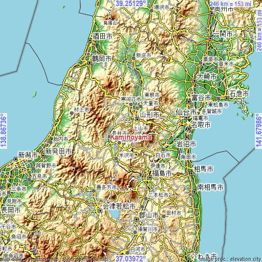 Topographic map of Kaminoyama